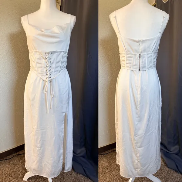 MESHKI‎ White Cowl Neck Lace Up Corset Midi Dress Side Slit Large - Image 3