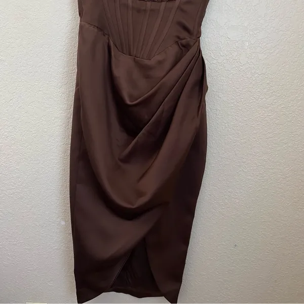 House of CB Faye Satin Pleated Midi Dress Size XS brown‎ $269 NWOT - Image 6