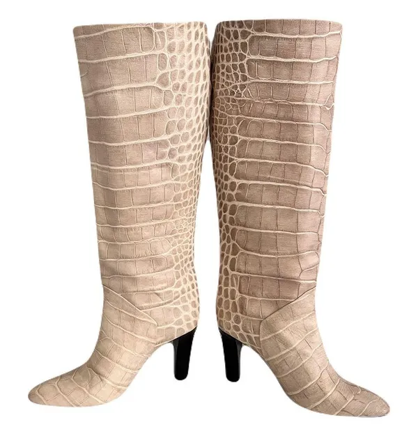 Karen Millen Ivory Croc Embossed Leather Heeled Knee High Boots, Size 38 - Image 6
