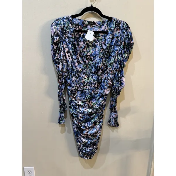 AFRM Ruched Deep V neck Floral Knit MINI Dress Puff Sleeve Retail Size Large - Image 3