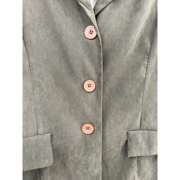 Vintage Celine | M | Blazer Jacket Micro Suede Womens Thigh Length Olive Green - Image 2
