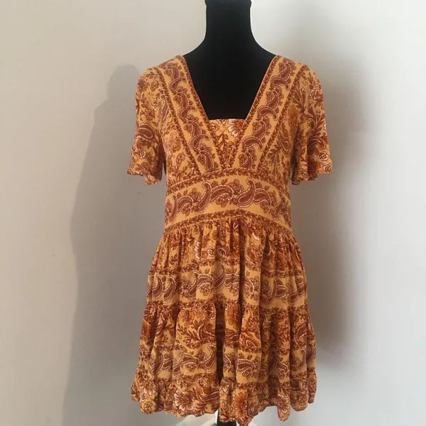 PATRONS OF PEACE Anthro Toluca Border Orange Yellow Paisley Tiered Dress Tunic M - Image 3