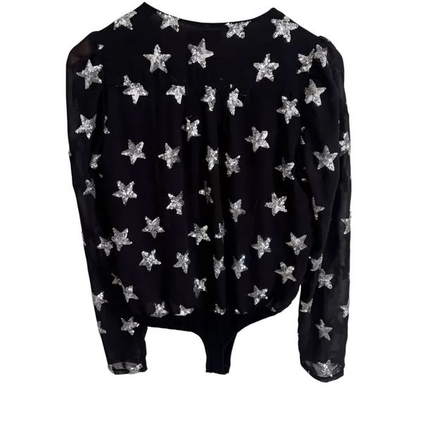 Buddy Love Black Silver Sequin Star Long Sleeve Wrap Bodysuit Womens Medium - Image 5