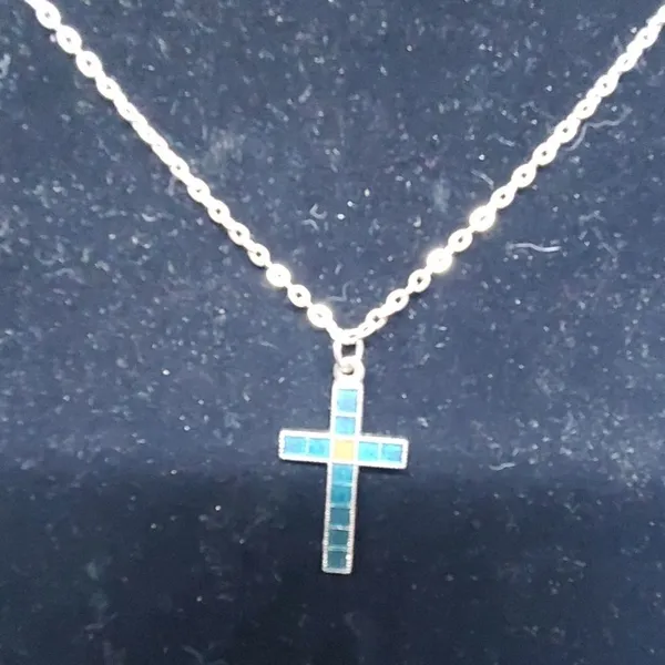 Blue, Orange, & Silver Tone Cross Pendant Necklace - Image 2
