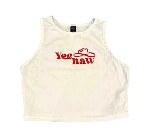 Shein X Yeehaw Crop Top S White Red Cowboy Hat Graphic Western Tank Tee - Image 2