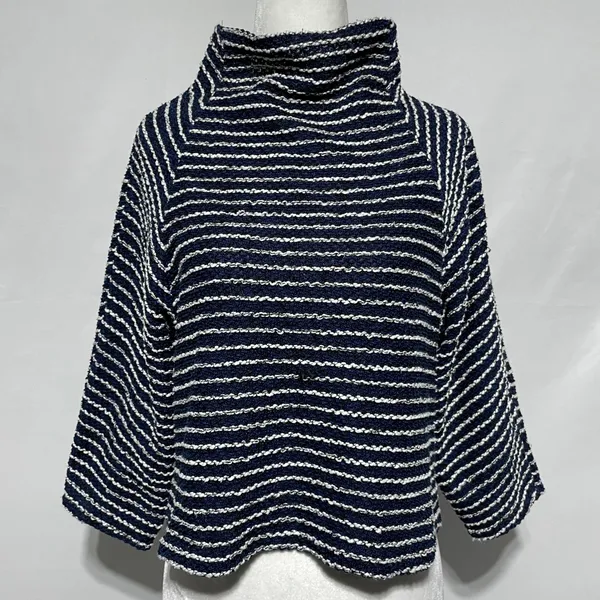 ZARA Striped Textured Mock Neck 3/4 Sleeve Sweater Top Navy White Size Medium - Image 2