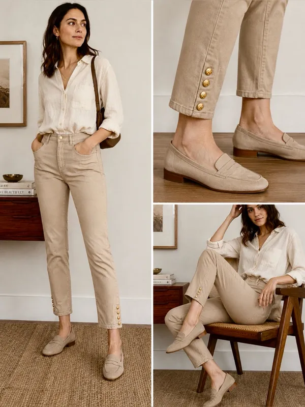Tory Burch Emmy Beige Slim Ankle Pants Gold Snap Detail Stretch Sz 26💛 - Image 2