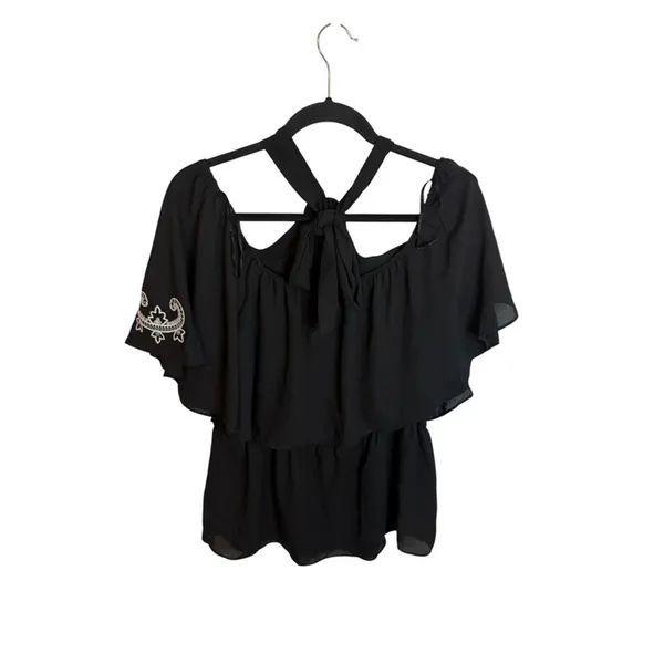 Nwt New York and Company Black Ruffle Embroidered Halter Blouse - Image 2