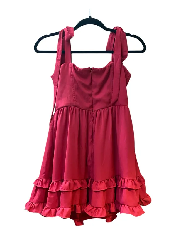 Lucy in the Sky Burgundy Wine Tie Strap Ruffle Mini Dress M Wedding Guest Party - Image 4