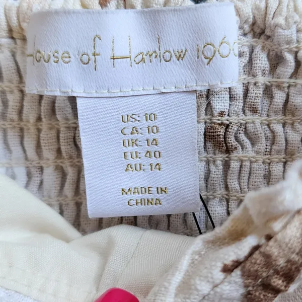House of Harlow 1960 Linen Blend Sweetheart Crop Top Cream Brown Print Puff , 10 - Image 2
