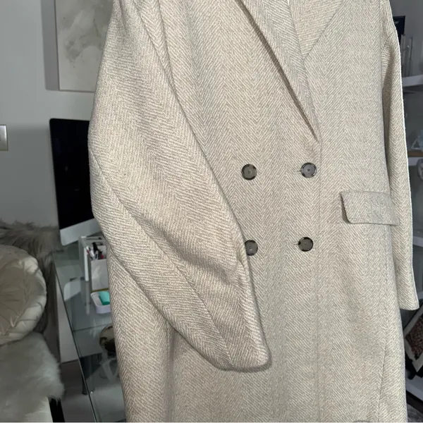 Mango Wool Blend Herringbone Double Breasted Coat Neutral Beige Medium New NWT - Image 9