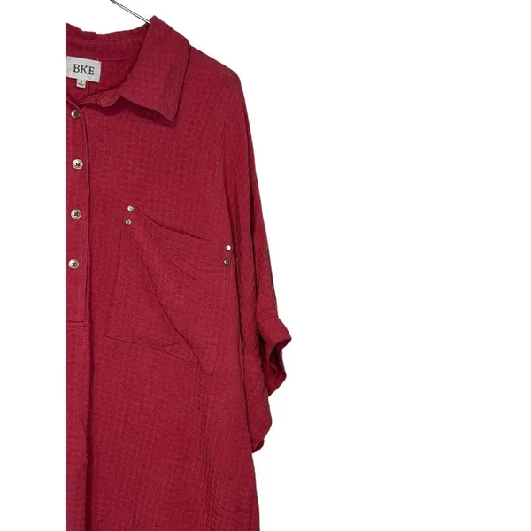BKE Women Top Shirt Button Front Collar Pocket Short Sleeve Oversized Red‎ Small - Image 2