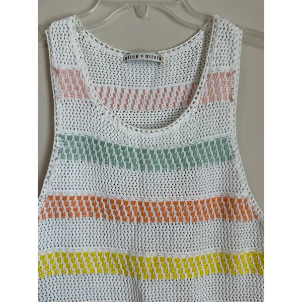 Alice + Olivia Croquet Tank Top Womens Small White Rainbow Stripe Semi Sheer - Image 4