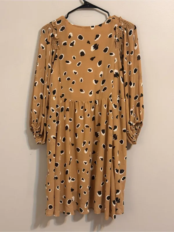 Umgee USA Leopard Print Babydoll Dress Medium Tan Black Boho V Neck - Image 3
