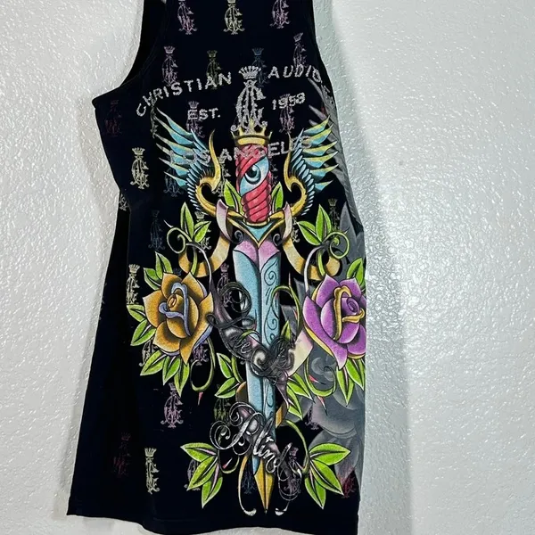 M black Y2K Christian Audigier graphic tank top vintage 2000's sleeveless tee - Image 6