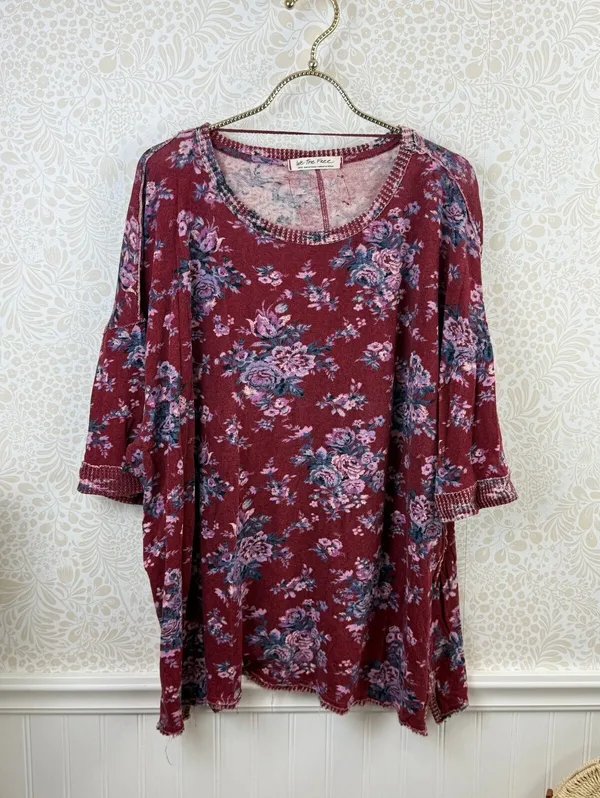 We The Free Red Floral Cotton You & Me Lightweight Sweater Tee - Size - Small - Image 5