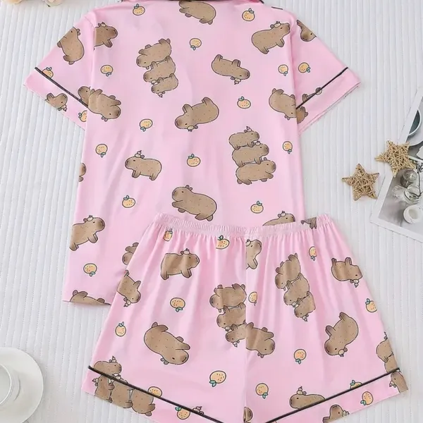 Pink Teddy Bear Pajama Set with Piping Details - Image 2