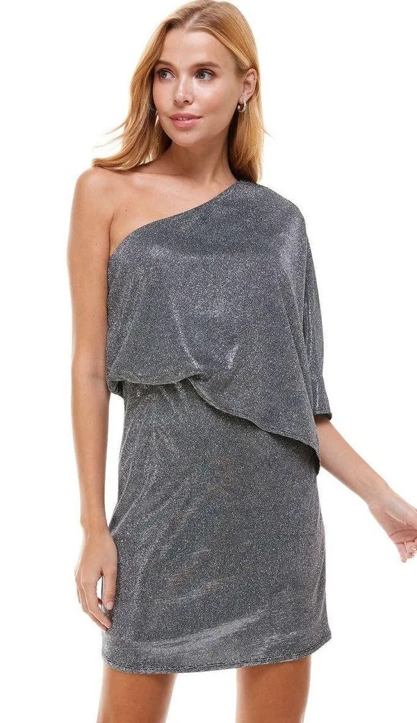 The Clothing Exchange Company | NWOT | Metallic Glitter One Shoulder Dress | L | Black | CD01940 - Image 2