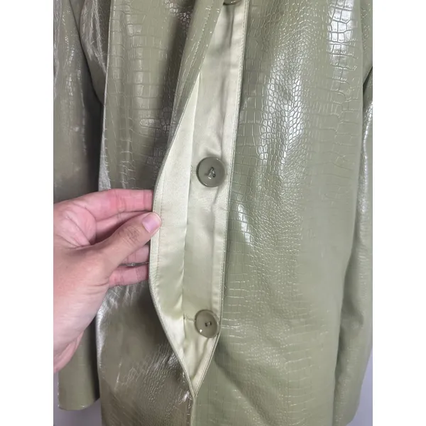 UNAULB Sage Green Crocodile Embossed Faux Leather Trench Coat Jacket Oversized - Image 3