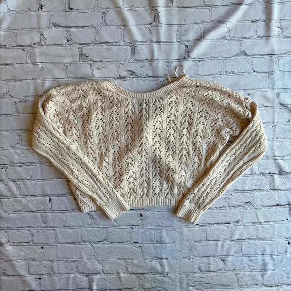Hollister Open Knit Top Shrug Sweater Neutral Womens Twist Front Crop - Image 4
