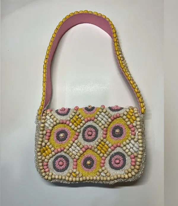 Handcrafted in India Colorful Pink Pastel Wooden Beaded Shoulder Bag Purse - Image 8