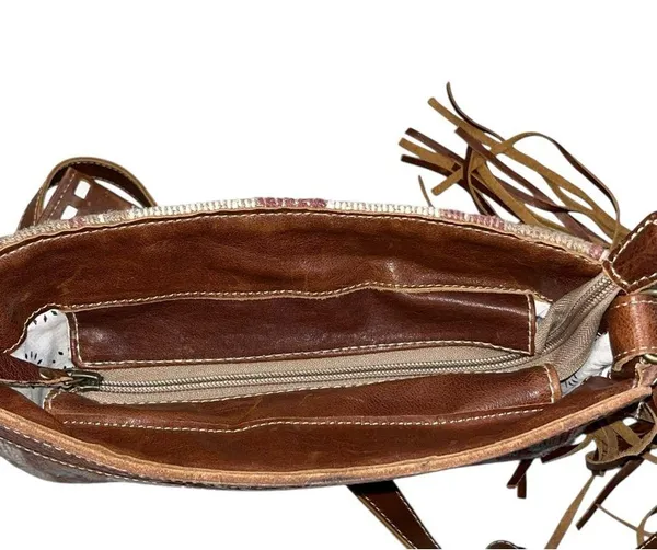 Myra Bag Brown Hand Tooled Tassels Crossbody Handbag Clutch Purse - Image 7