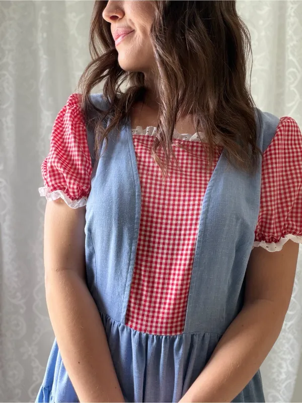 Vintage Handmade Blue Red Gingham Prairie Dress Cottagecore Puff Sleeve - Image 13