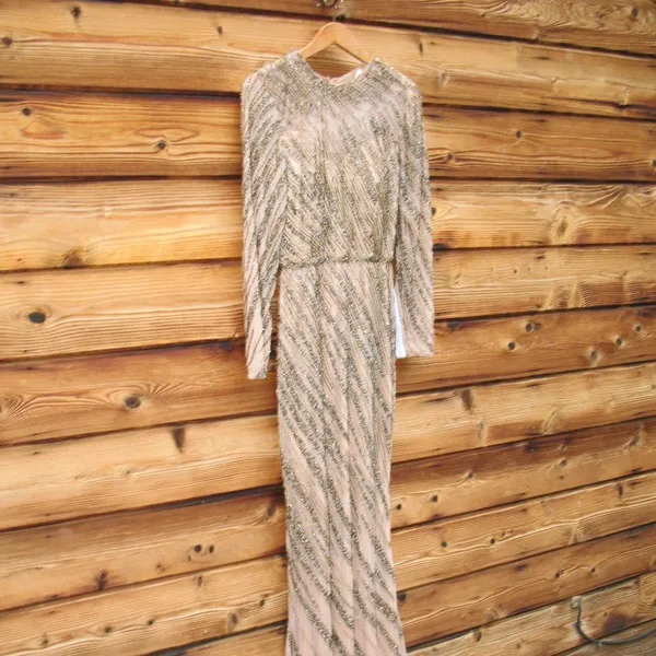 Mac Duggal Long Sleeve Beaded Column Gown Dress Mocha Size 4 - Image 8