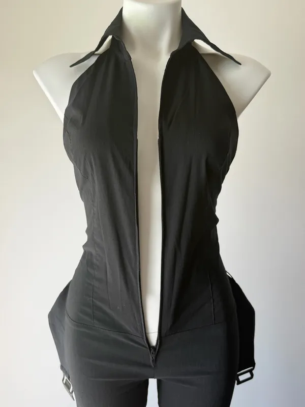 Vintage Luly K Black Belted Halter Jumpsuit - Image 3