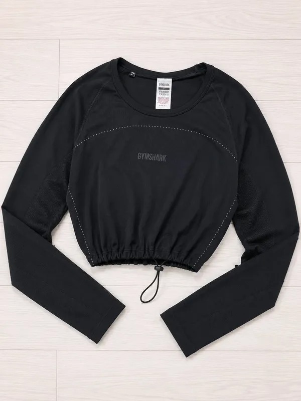 Gymshark Women's Long Sleeve Crop Top Black Drawstring Hem Sz L - Image 3