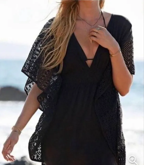 Victoria's Secret Black Crochet Open-Back Beach Swim Cover-Up Tunic - Image 2