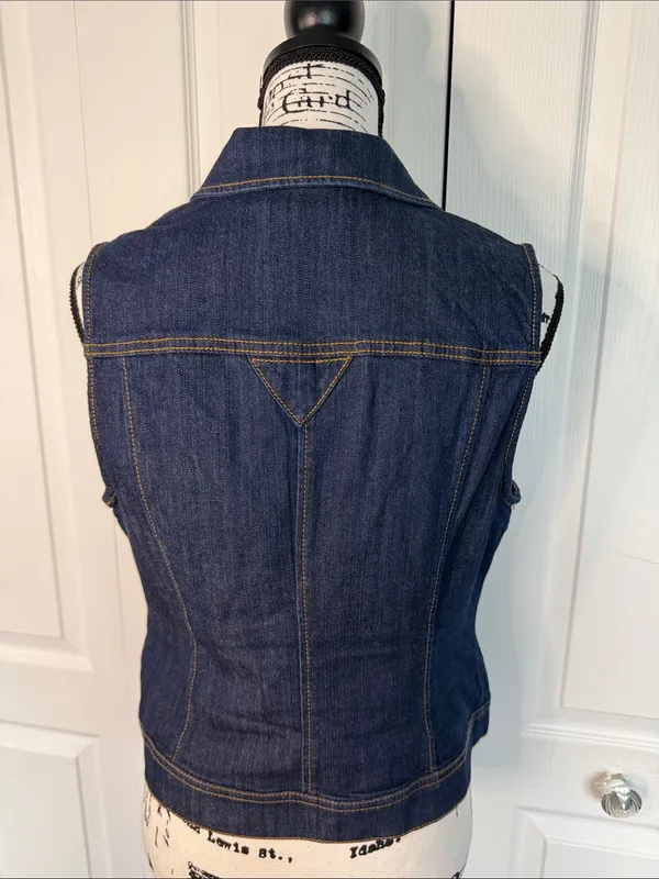 New York & Company Dark Blue Denim Sleeveless Jean Jacket - Image 3