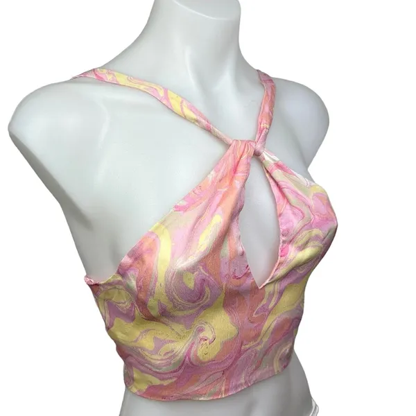 Zara Pink Yellow Satin Marble Tie Dye Open Tie Back Brami Cropped Tank Top Sz S - Image 4