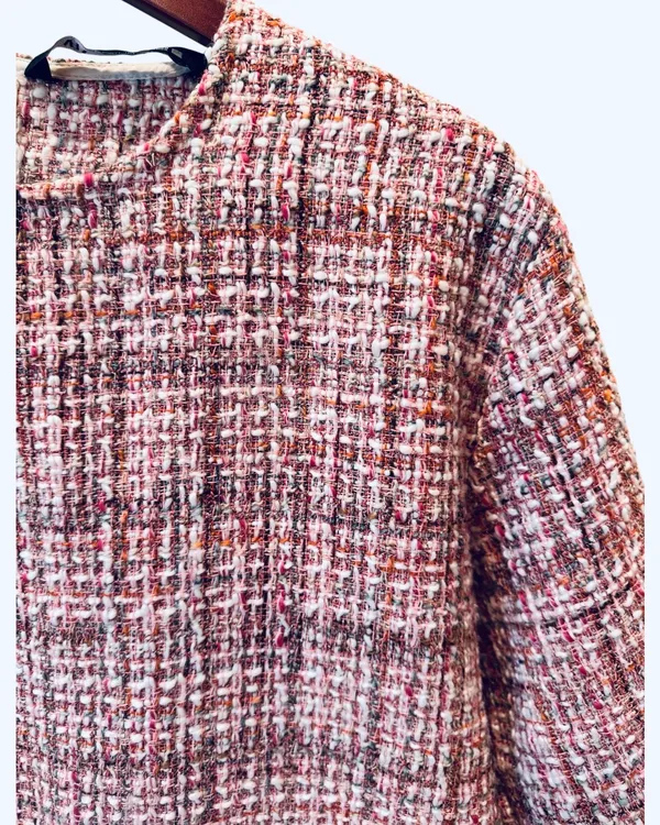 Zara Pink Tweed Top Blouse Zip Back Plaid Fringe Preppy M White Gray Cropped - Image 6