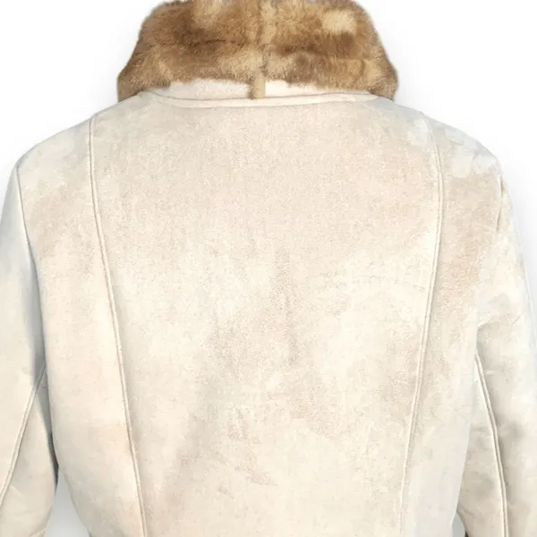 Vintage 90s Longline Cream Vegan Suede Leather Coat Faux Fur Collar Trim Large‎ - Image 7