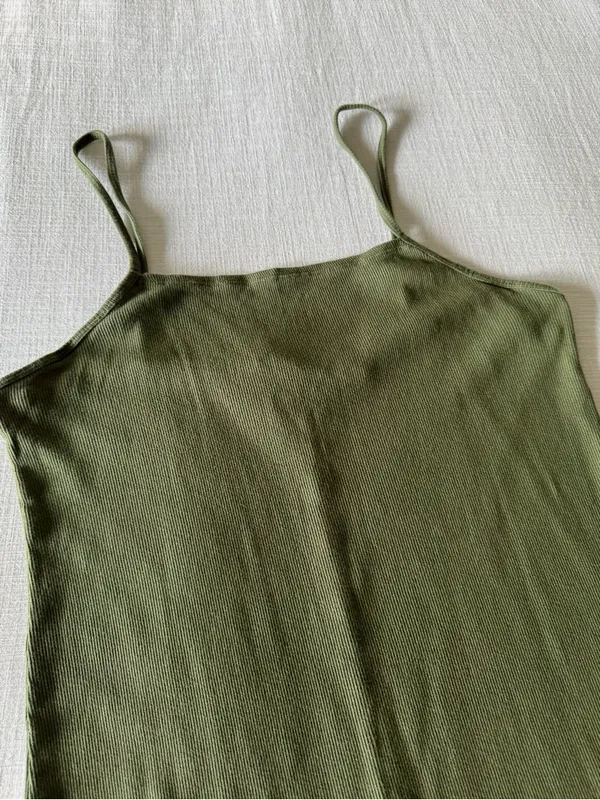 Calvin Klein Olive Green Midi Ribbed Cotton Slip Dress - S/M - Image 3