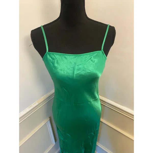 Pistola Mari Midi Maxi Slip Dress Fern Green Square Neck Satin Feel Slit Formal - Image 2