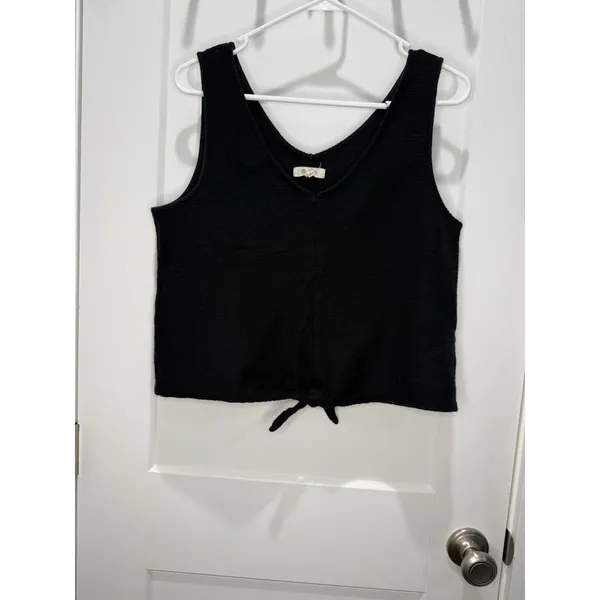 Madewell Woman's Black Textured Ribbed Front Tie V Neck Tank Top Large Blouse - Image 2