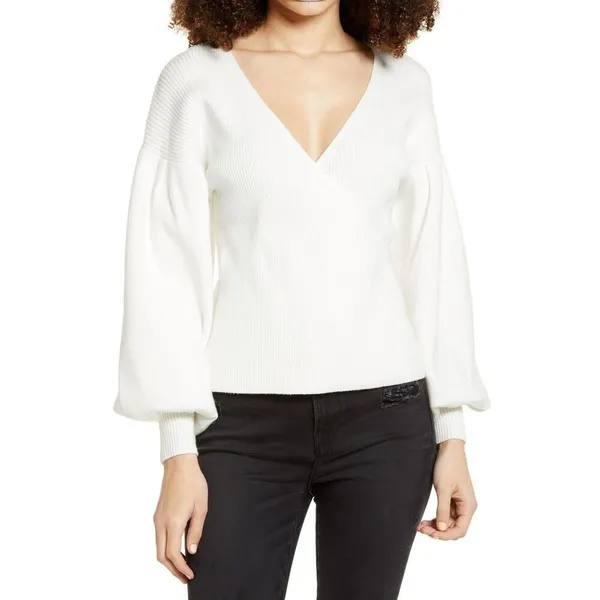 All in Favor Rib Bishop Sleeve Surplice Ribbed Sweater - Image 2