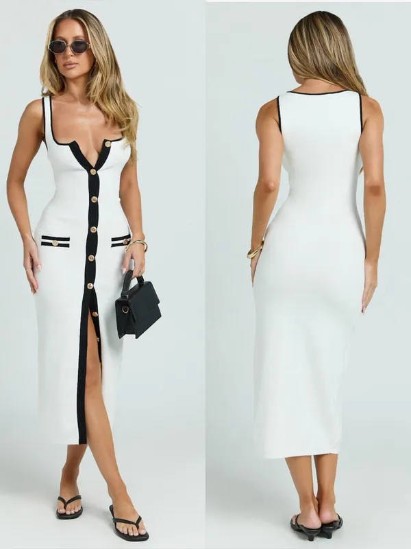 SHOWPO Gabby Sweetheart Strapped Hardware Button Front Fitted Knit Midi Dress - Image 2