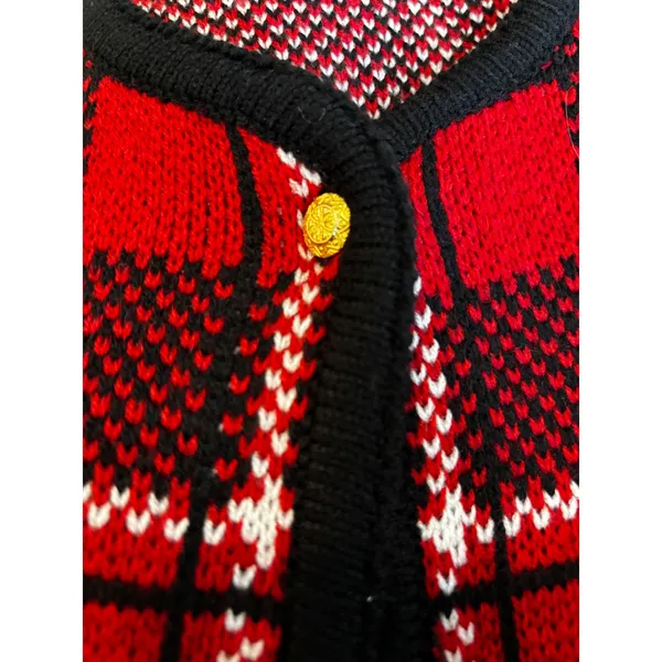 Vintage Liz Baker Cardigan XL Red Black‎ Plaid Gold Button Dark Academia Sweater - Image 3