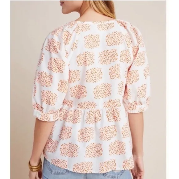 Anthropologie Moglea Orange White Abstract Print‎ Puff Sleeve Babydoll Top XS - Image 2