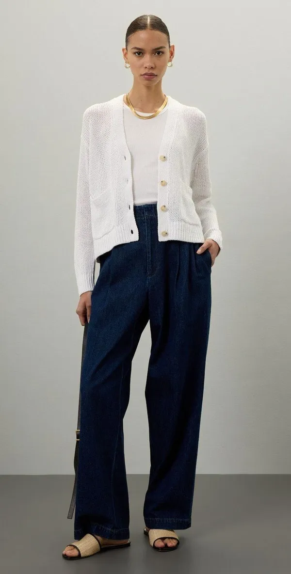 POLO RALPH LAUREN White Linen Blend Long Sleeve Knit Button Front Cardigan M - Image 2
