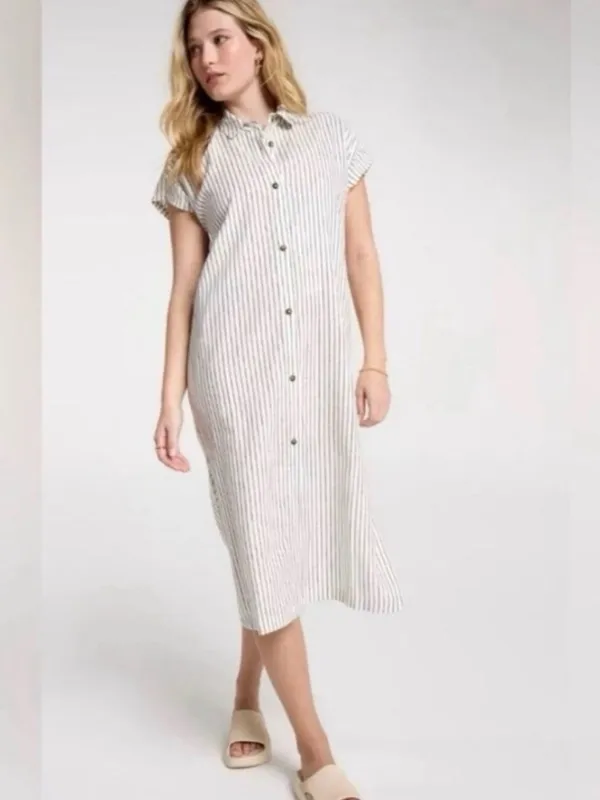 Calia Swim Coverup Dress Yucatan Stripe Ivory Linen Blend Button Down NWT Medium - Image 15