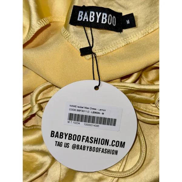 NWT Babyboo Isobel Lemon Yellow Satin Lace Up Back High Slit Maxi Dress Size M - Image 14
