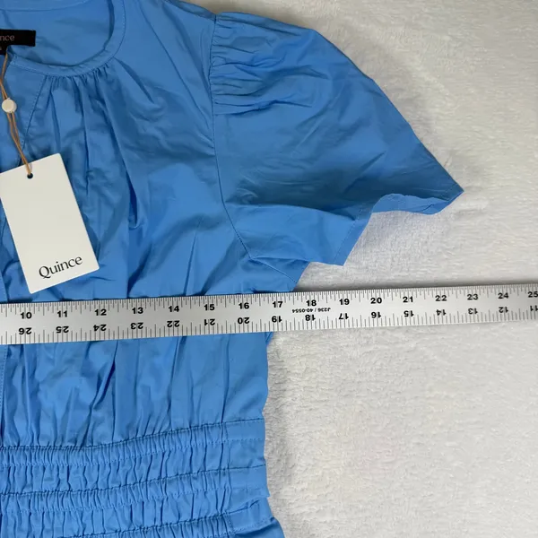 Quince‎ Blue Organic Cotton Smocked Waist Puff Sleeve Mini Dress Size S NWT - Image 3