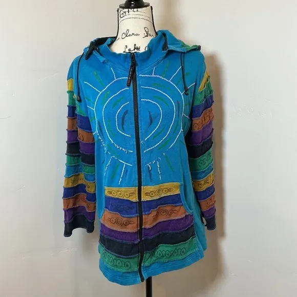 Agan Traders Patchwork Hoodie Women XL Blue Boho Sunburst Pixie Zip Up Excellent - Image 2