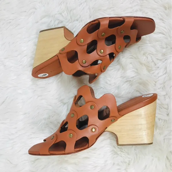 RACHEL‎ COMEY Brown Leather Mule Clog Wedge Sandal Tawny Woven Stud Size 6 - Image 5
