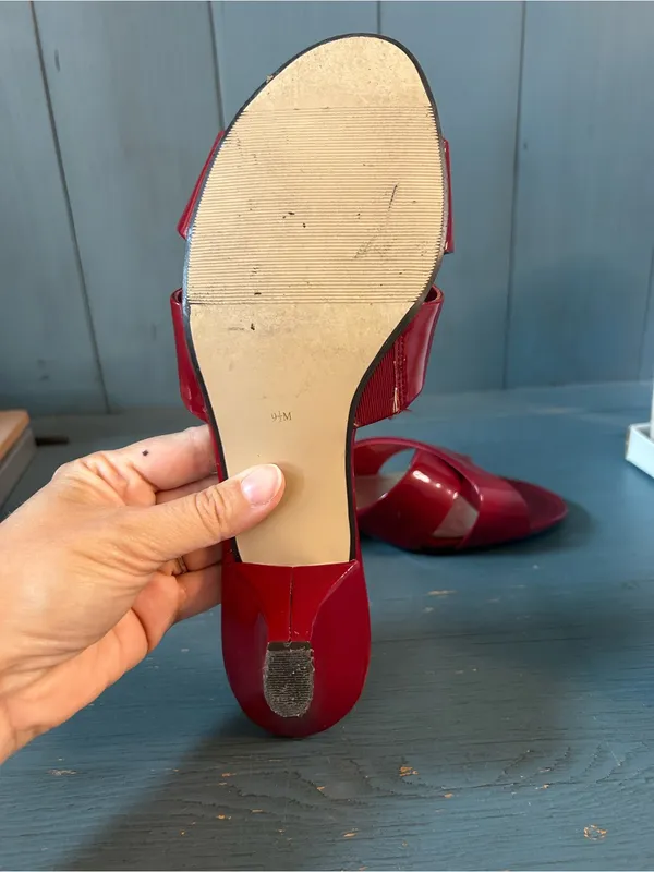 A/M by Eva Martino Red Patent Leather Crisscross Low Heel Mules | Size 9.5 - Image 6