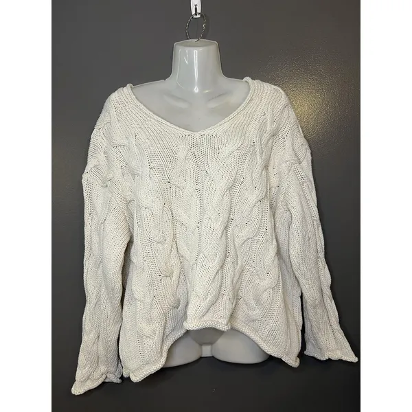 Zara Sweater Womens Small White Cable Knit V Neck Oversized Chunky Pullover - Image 2